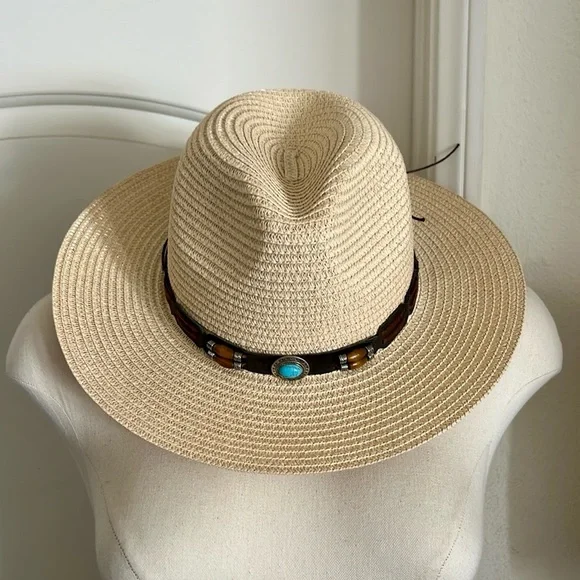New~Unisex / Straw Hat With Turquoise Stone Detail - Picture 9 of 10